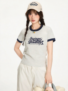 Gbiaior | Letter Printed Retro Color Block Short Sleeve T Shirt Womens Short Style