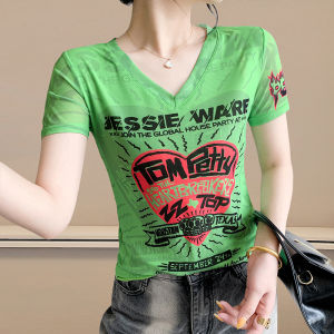 Yimei kích thước lớn Mùa Xuân/Mùa Hè mẹ trang phục thời trang lưới in hoa định vị T-shirt tay ngắn v-cổ ôm vừa và áo phong cách cho phụ nữ