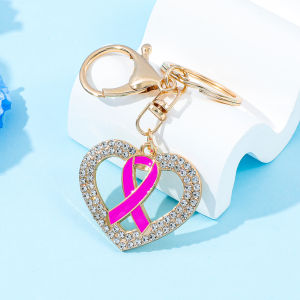 Pink Ribbon Heart Keychain with Rhinestone Jewelry Accessory for Breast Cancer Awareness Creative Bag Pendant Decoratio