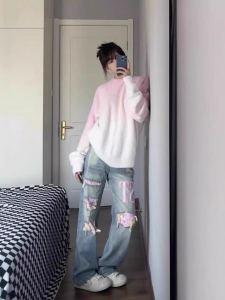 ฤดูใบไม้ร่วงและฤดูหนาวการไล่ระดับสีอ่อนโยนนุ่มเสื้อสเวตเตอร์ผู้หญิงสีชมพูหวานขนมิงค์ขี้เกียจสไตล์คนขี้เกียจนิยมในคนกลุ่มหนึ่งดูแพงเสื้อที่ถักด้วยเส้นด้าย