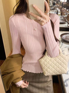 Áo Len Dệt Kim Ôm Vừa Vặn Cổ Tròn Tay Dài Mùa Xuân 2025 Cho Nữ Thiết Kế Mới Ngọt Ngào Bên Trong Áo Len Dệt Kim