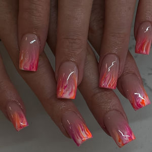 Short Medium fake nails for women gilrs gradient pink red yellow purple flame Square nail tips full cover press on false nail