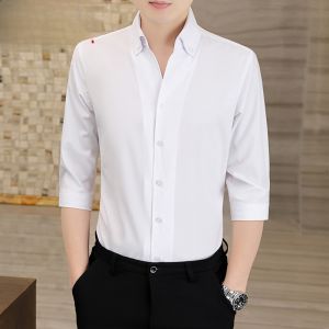 HENGYUANXIANG | Hengyuanxiang Mens Casual V-Neck Short Sleeve Shirt Pure Color Summer New Fashion 7/8 Length Button Up Top Youth Style Thin Fabric