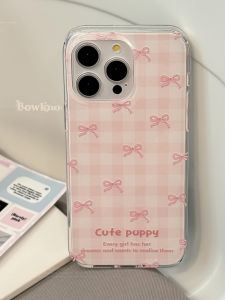 Pink Plaid Dual Layer Butterfly Knot Phone Case for Apple 14 pro Max iPhone 13 Small 11 Soft 16 by Xiangke Er Digital Accessories