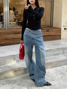 High Waist Denim Jeans Womens Double-Sided Wear Cut-Out Decomposition Long Pants Slimming E7Q8 Blue Jeans Casual Trousers