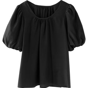 Miccbeirn | Elegant Black Silk Mulberry Short Sleeve Womens Top Textured Bubble Sleeve Design Commute Style Straight Cut Summer Shirt