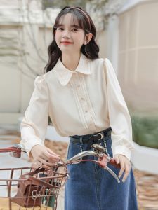 French Style Long Sleeve Babydoll Collar Chiffon Shirt Women Casual Age-Defying Top Wooden Edge Design Straight Cut Polyester Fiber