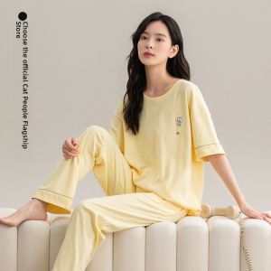 MiiOW | Pure Cotton Summer Sleepwear Womens Casual Short Sleeve Long Pants Home Clothes Set Antibacterial Mite Elimination Cat Person