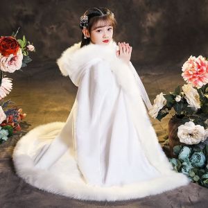 Thickened Velvet Childrens Ancient Chinese Hanfu Style Coat Girls Hooded Cloak New Year Visiting Outfit Spring Festival