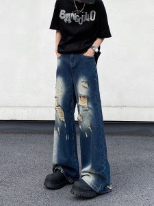Retro American Washed Mens Jeans Loose Straight Leg Trendy Brand Cool Wide Leg Beggars Pants Floor-Length Casual Jeans