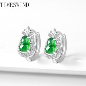 TIMESWIND Women Natural Jade Green Gourd S925 Silver Full Zircon Earrings with Certificate