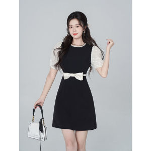 Spring Summer 2023 New Style Black Short Sleeve Dress Heavy Embellishment Diamond Butterfly Knot High Waist A-Line Skirt