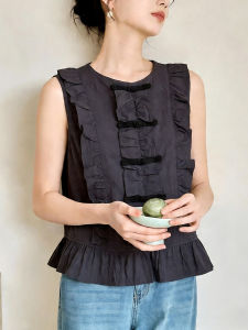 QINGNAER | Graceful Elegant Summer Plus Size Black Ruffled Peplum Sleeveless Vest