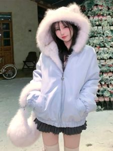 Korean Sweet Style Short Coat Jacket Womens Autumn Winter New Loose Thickened Fluffy Warm Cotton Clothes Hat Two-Way Wear