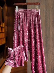 กางเกงขายาวทรงหลวมเอวสูงผ้ากำมะหยี่สีทองสไตล์จีนใหม่ กางเกงขายาวทรงหลวมสบาย ๆ สำหรับผู้หญิง ฤดูใบไม้ร่วง 2025