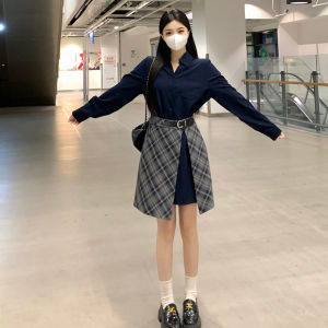 XUECAIQI | Two-tone Check Patchwork Belted Slimming Autumn Dress
