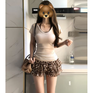 YIFANSHI | Leopard Lace Trimmed Flared Skirt Summer Short