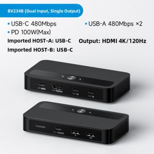 Hagibis | 2-Port 1-Output Type-C KVM Switch with USB Hub and HDMI 4K Extender