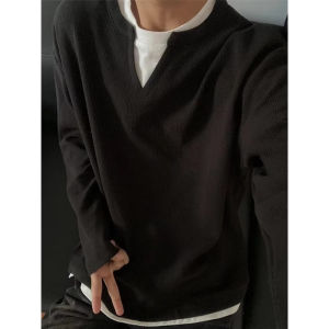 เสื้อฮู้ดคอกลมแขนยาวทรงหลวมสำหรับผู้ชาย สีเทา ทรงหลวมสบายๆ ช่วงฤดูใบไม้ผลิและฤดูใบไม้ร่วง สไตล์เกาหลี ดีเทลเสื้อผ้าลำลอง