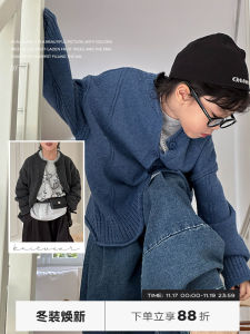 Blue Knitted Soft Sweater for Boys Autumn Outerwear Fashionable Childrens Clothing Knit Cardigan Comfortable Long Sleeve round Neck