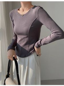 Slim Fit Womens Base Shirt Asymmetric Design Long Sleeve Thermal Inner Wear T-Shirt Korean Style Commute Fashion Short Length