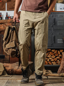 Mens Summer Pure Cotton Loose Straight Leg Thin Casual Pants Khaki Color Trendy Long Pants Nine Points Casual Trousers