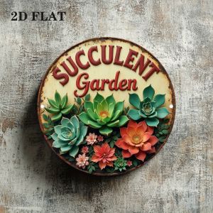CIFbuy | Vibrant Succulent Garden Art Metal Sign - 2D Flat Round Wall Decor 7.79x7.79 Inch for Home Office Plant Shop