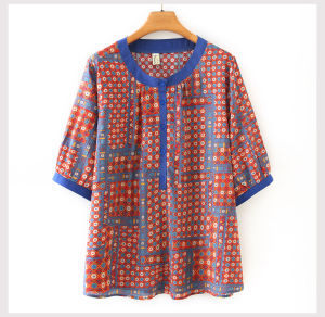 พลัสไซส์ ผ้าฝ้าย ผ้าลินิน แขนสั้น เสื้อท่อนบน สําหรับผู้หญิงวัยกลางคน ฤดูร้อน ทันสมัย ชนเผ่า สไตล์บริสุทธิ์ ผ้าฝ้าย เสื้อยืดแม่