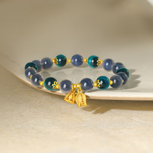 ZHOU LIU FU 周六福 925 Sterling Silver Chalcedony Beaded Bracelets Lucky Lotus Charm Stretch Bracelet for Women Girl Mom 17cm J1914595