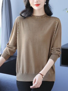 plus Size Womens Ice Silk Knitted Top Spring Autumn Fashionable Loose Fit T-Shirt Satin Long Sleeve round Neck Single Button