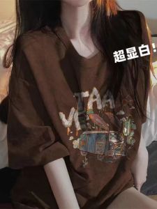 Brown Pure Cotton American Style Loose Oversize Short-Sleeved T-shirt White Womens Summer New Arrival Couple Half Sleeve Tops Tide