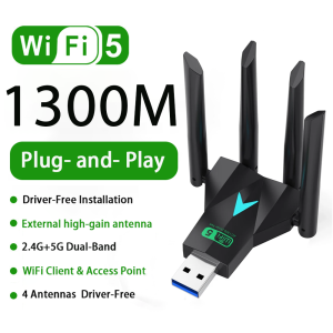 WiFi5 USB Adapter Dual Band 2.4G+5Ghz 1300Mbps Dongle USB3.0 High-Speed 4-Antennas Wireless Card Receiver For PC/Laptop Win