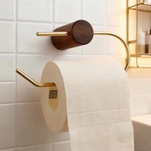 No Drill Self-Adhesive Wooden Toilet Paper Rack Brass Gold Towel Hanger Bathroom Kitchen Storage Accessory