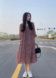 Summer New French Tea Break Drawstring Waist Shantung Floral Long Dress Loose Super Fairy Beach Vacation Womens Dress