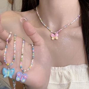 สร้อยคอผู้หญิง เป้าหมายของสร้อยคอแฟชั่น Y2K จี้ผีเสื้อ สร้อยคอลูกปัดหลากสี สไตล์เกาหลี ของขวัญ MIMOON