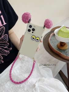 Feminine Funny Pink Hanging Ball Phone Case Handheld Strap Compatible with  15Promax Honor Xiaomi 14 Huawei Mate60Pro Nova12