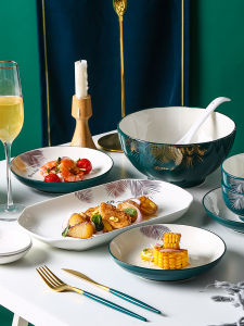 Good-looking Bowl and Dish Set Ceramic Household Bowl Plate Instant Noodle Bowl Soup Bowl Fruit Dish Single Bowls and Chopsticks Tableware Light Luxury