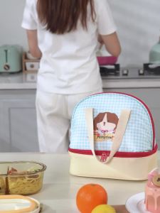 Dual Storage Plaid Lunch Box Bag with Aluminum Foil Lining Waterproof HD017