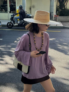 Áo Thun Chống Nắng Tay Dài Màu Tím Phong Cách Hàn Quốc Mùa Hè Rộng Rãi Thoải Mái Áo Khoác Máy Lạnh Áo Thun Nữ Cổ Tròn Màu Trơn