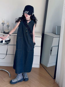 Girls Summer Sleeveless Denim Long Skirt Trendy Big Kids Summer Outfit Korean Style Casual Long Hooded Dress Childrens Clothing