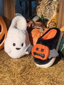 Thin Strip Men and Women Winter Heattech Soft Platform Cotton Slippers Couple Halloween Pumpkin Ghost Fluffy Slippers