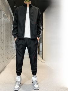 ROMON | Romon Mens Sportswear Set Autumn New Stylish Casual Stand Collar Jacket Running Pants Two Piece Set Polyester Fiber Long Sleeve