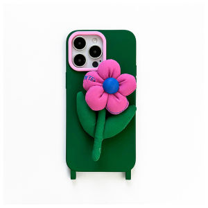 เคสโทรศัพท์มือถือแบบครอบเต็มพร้อมสายสะพายไหล่แบบปรับได้สำหรับ Apple 17Promax พร้อมขาตั้งดอกไม้สีชมพู สายรัดแขน 13 ชิ้น