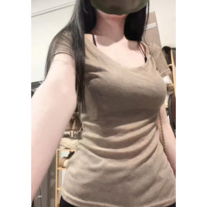 Slim Fit Short Sleeve U-Neck T-Shirt Womens Summer Design Sensation Waist Cinching Slimming Vintage Sweet Spicy Girl Top