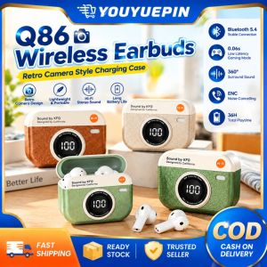 YOUYUEPIN Q86 Retro Camera Wireless Earbuds LED Display TWS Bluetooth 5.4 Headphones 36H Playtime ENC Noise Cancelling For iPhone Android Gaming