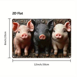 Modern Metal Wall Art | 8x12 Inch 2D Farmhouse Style Three Little Pigs Design | Rustic Metal Sign for Home Room Garden Bathroom