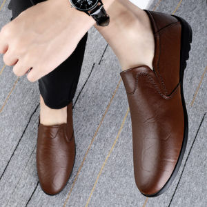 New 2025 Mens Casual Leather Shoes Korean Trend One-Step Bean Bean Shoes Anti-Slip Wear-Resistant Driving Shoes Male Fashion Single Shoes