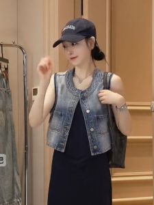 Oajer Flagship Store Womens Jeans Vest Jacket Thin Summer Top Quality Fashionable Commute Style round Neck Short Polyester Fiber