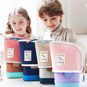 Q04721 2-in-1 Standing Pencil Case Vertical Portable Retractable Pencil Bag Fashion Student Pen Holder Desk Supplies Holders