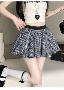 Color blocking checkered floral bud skirt short skirt womens 2025 summer high waist anti glare A-line skirt fluffy skirt